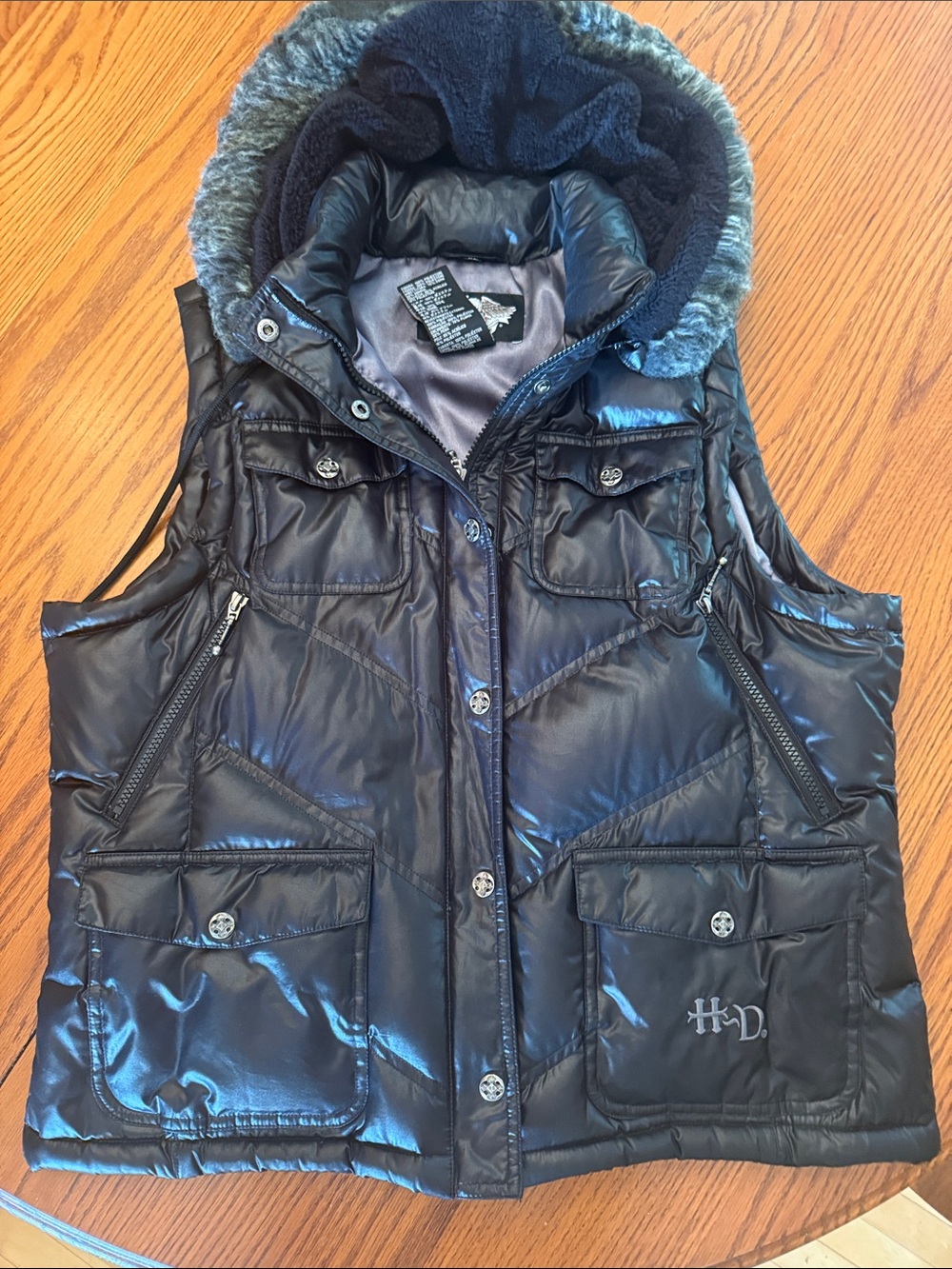 Harley-Davidson Black Quilted Puffer Vest with Faux Fur Trim removable hood